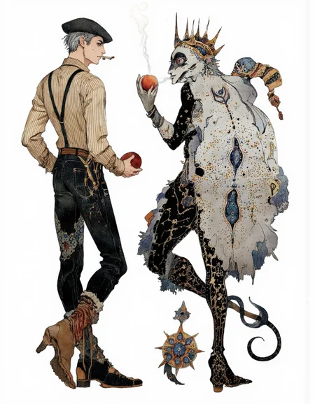 Art by Akiya Kageichi. A stylized illustration shoot from a profile camera angle about a stylized male character with elaborate patterns and a mythical creature. the image also shows a male character standing with his back to the viewer, wearing a striped shirt and suspenders, holding an apple in one hand and a cigarette in the other. on the left side of the image, a man with grey hair appears to be in his mid-twenties, with short hair styled in a neat manner. he has a slim body and is facing away from the viewer. he is wearing a beige striped shirt with black suspenders and a black beret on his head. his facial expression is neutral, and he is holding a red apple in his right hand. on his right side, a humanoid creature with a long, flowing tail and a crown-like headdress is standing with its tail curled around its body. the creature's body is covered in intricate, paisley-like patterns in shades of grey, black, and white, and its eyes are large and expressive. the background is a plain white, which contrasts with the stylized character and creature.