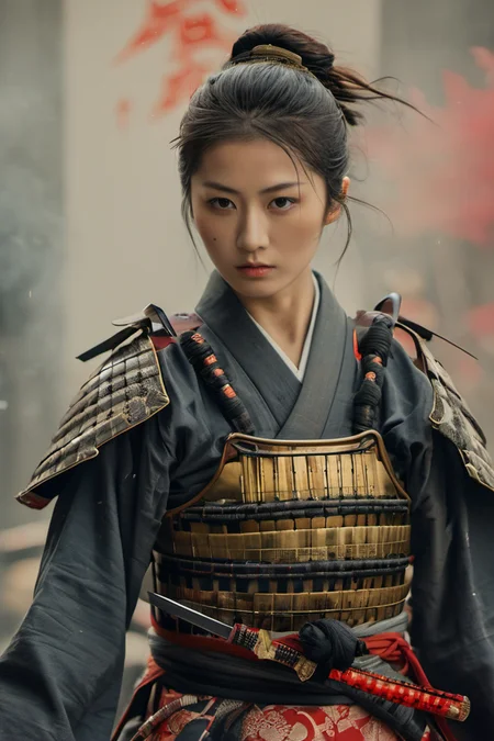 A 28-year-old girl,full body shoot,embodying the spirit of a Samurai from the Warring States Period in Japan. Brightly colored,with a backdrop of war,She wears traditional samurai armor adorned with intricate details,holding a katana with determination,The falling smoke of gunpowder,<lora:Samurai:0.8>,