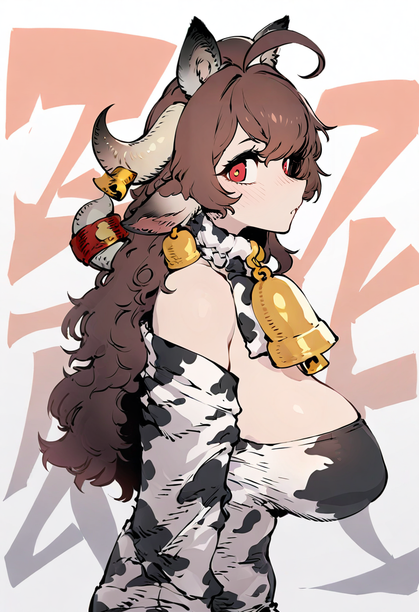 masterpiece, best quality,<lora:SSAMBAteaXL_ANI31_lokr_V53P1:0.95>  1girl, horns, bell, red eyes, animal print, brown hair, animal ears, cow print, long hair, breasts, white background, solo, neck bell, large breasts, from side, off shoulder, looking at viewer, ahoge, simple background, chinese zodiac, cowbell, long sleeves