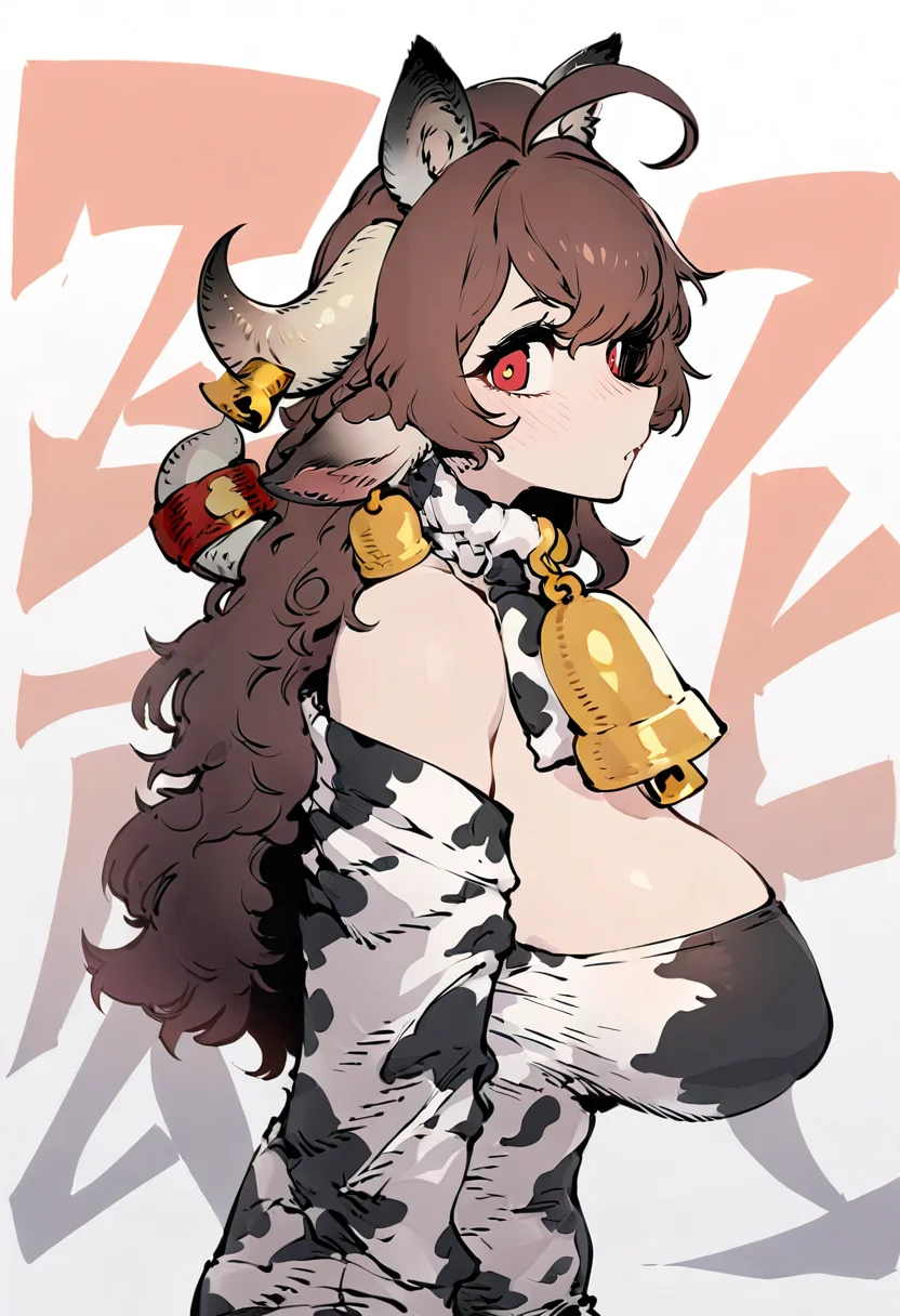 masterpiece, best quality,<lora:SSAMBAteaXL_ANI31_lokr_V53P1:0.95> 1girl, horns, bell, red eyes, animal print, brown hair, animal ears, cow print, long hair, breasts, white background, solo, neck bell, large breasts, from side, off shoulder, looking at viewer, ahoge, simple background, chinese zodiac, cowbell, long sleeves