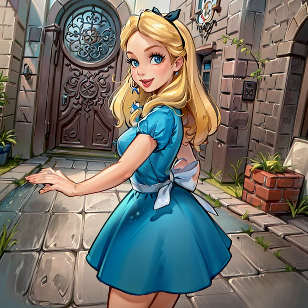 (AliceWonderlandWaifu:1), cute, smile,(dress:1.2), sexy pose, looking at viewer, :D,
(realistic:1.2), (realism), (masterpiece:1.2), (best quality), (ultra detailed), (8k, 4k, intricate),(full-body-shot:1),(Cowboy-shot:1.2), (85mm),light particles, lighting, (highly detailed:1.2),(detailed face:1.2), (gradients), sfw, colorful, detailed eyes,
(detailed ladscape, castle, vegetation, big door:1.2), (bricks, carpet, buildings:1.2),(detailed background),detailed landscape, (dynamic angle:1.2), (dynamic pose:1.2), (rule of third_composition:1.3), (Line of action:1.2), wide shot, solo, daylight,
<lora:Aliceinwonderland_character-20:0.7> <lora:reiqStyleLORA_v2:0.8>