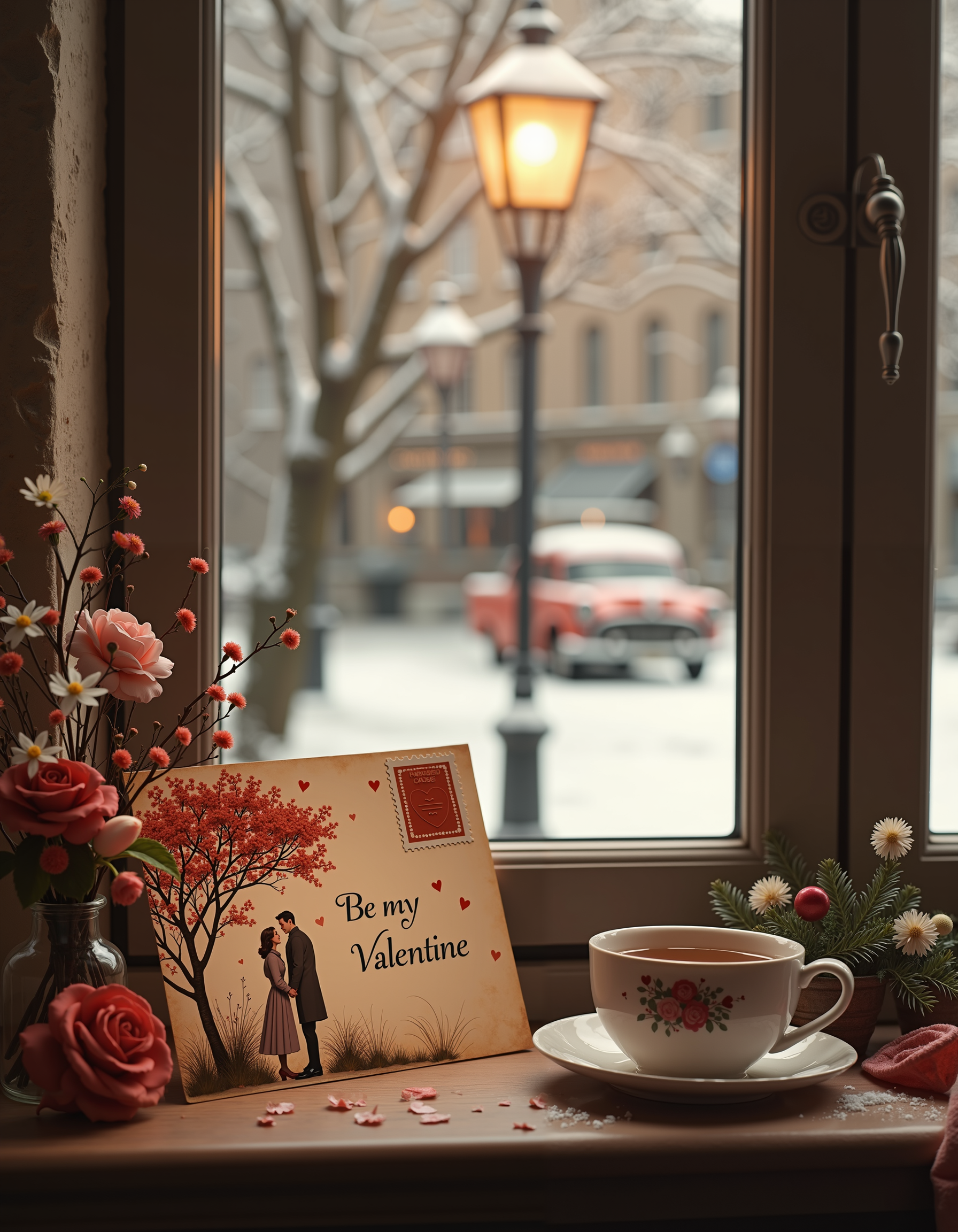 Create a hyper-realistic, sepia-toned vignette of a 1940s Valentine’s Day postcard resting on a windowsill. The postcard features a hand-painted design of a couple holding hands under a blooming tree, with the message 'Be My Valentine' written in elegant script. Beside the postcard lies a small bouquet of flowers and a cup of tea. The window looks out onto a quaint, snow-covered street, with a vintage car parked under a streetlamp. The atmosphere is cozy, romantic, and nostalgic, with a focus on the textures of the postcard, the glow of the streetlamp, and the soft sepia tones. 8K resolution, ultra-detailed, and photorealistic.