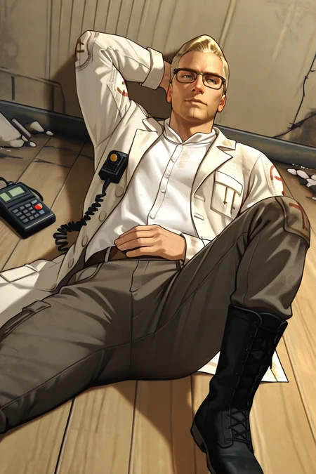 score_9, score_8_up, score_7_up, score_6_up, perfect anatomy, perfect proportions, best quality, masterpiece, high_resolution, high quality, best aesthetic, incredibly absurdres, highres, extremely detailed, huge filesize, solo male, adult, mature, masculine, manly, handsome, charming, alluring, full body, dutch angle, cowboy shot, perfect face, source_game \(Fallout: New Vegas\), official style \(Fallout: New Vegas\), Arcade Gannon\(Fallout: New Vegas\), FNVArcade, blonde hair, short hair, green eyes, glasses, grey collared shirt, white labcoat, dark grey pants, black boots, walkie talkie, Followers of the Apocalypse emblem\(Fallout: New Vegas\), dynamic angle, indoors, lying on wooden floor, lying on back, spread legs, hand behind head, Fallout: New Vegas location, Mojave Wasteland, post-apocalyptic ruins