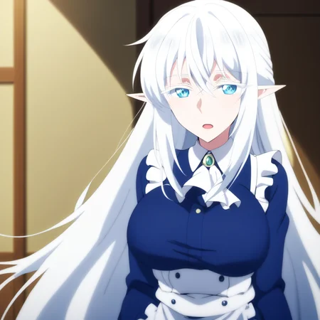 score_9, score_8_up, score_7_up, BREAK source_anime, schnee raizar, blue eyes, white eyelashes, white hair, long hair, large breasts, pointy ears, long blue dress, white apron, long sleeves,