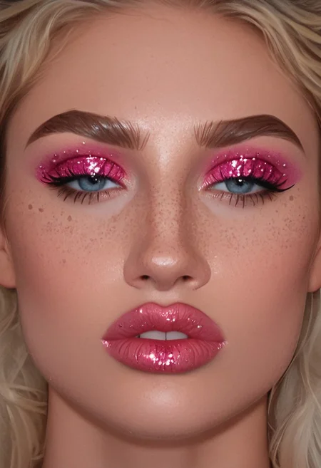 score_9, score_8_up, score_7_up, portrait, 1girl, face focused, art face, Kandinsky, teefs44, bignoselady, large nose, aquiline, ladyburns, sideburns, very big lips, makeup, (glitter face), very milky skin, parted lips, teeth, open eyes, big eyes, dark hair, iridescent eyeshadow, glitter, mole, very moist mouth, face covered in sparkles 