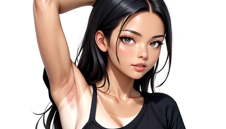 score_9, score_8_up, score_7_up, score_6_up, source_anime, masterpiece, perfect eyes, tanning, full_body, <lora:Tanless_Character_concept:0.7>, 1girl, arm up, armpit focus, armpits, black hair, black shirt, brown eyes, forehead, long hair, looking at viewer, parted lips, presenting armpit, short sleeves, simple background, solo, upper body, white background