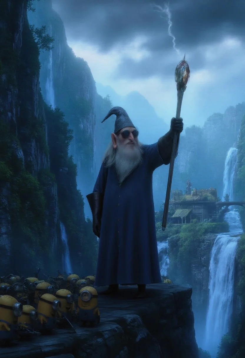Dr. Nefario from Despicable Me reimagined as Gandalf the Grey in a grand, epic fantasy setting. He stands tall on a rocky precipice, his staff raised high, crackling with mysterious energy. His long white hair and beard flow dramatically in the wind, and his iconic wizard’s hat is slightly tilted in an almost comical yet majestic way. The landscape around him is vast and breathtaking, with towering mountains, rolling mist, and a sky lit with stormy clouds. In the distance, the silhouette of an approaching army can be seen. His cloak billows dramatically, revealing intricate, steampunk-inspired armor beneath. A group of minions, armed with tiny swords, follow behind him, ready for battle. The scene is lit with a powerful glow, emphasizing the magical aura around Nefario. Cinematic, epic fantasy style with intense details, dramatic lighting, and high contrast to emphasize the magic and atmosphere."