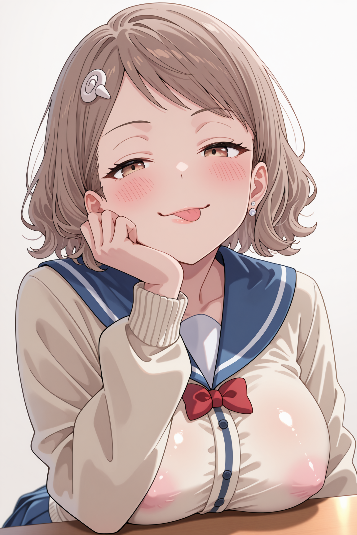 kara_minami, short_hair, brown_hair, hair_ornament, earrings, brown_eyes, blush, large_breasts, long_sleeves, cardigan, red_bow, blue_sailor_collar, pleated_skirt, blue_skirt