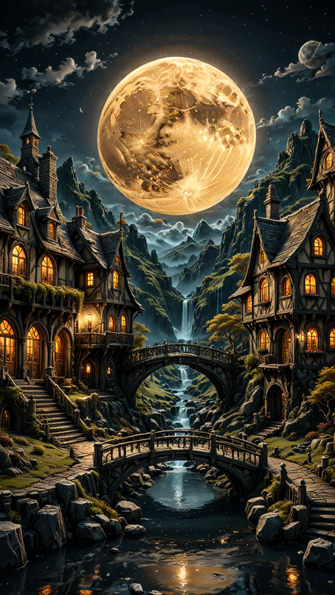 photorealism, intricate details, extremely detailed, masterpiece, masterpiece, Outstanding intricacies, best quality, hires textures, high detail, incredibly detailed, Cinematic Lighting, at night, A hobbits Mansion, River, Bridge, waterfall, Large Marble Moon, intricately detailed, true masterpiece, UHD, vibrant neon, studio quality Overall Detail, Painstaking attention to details, Epic, UHD , <lora:3D_Framed_Wall_Art_-_By_DICE:1>. (3D Framed, Moon), (Use Dream Diffusion Secret Prompt)