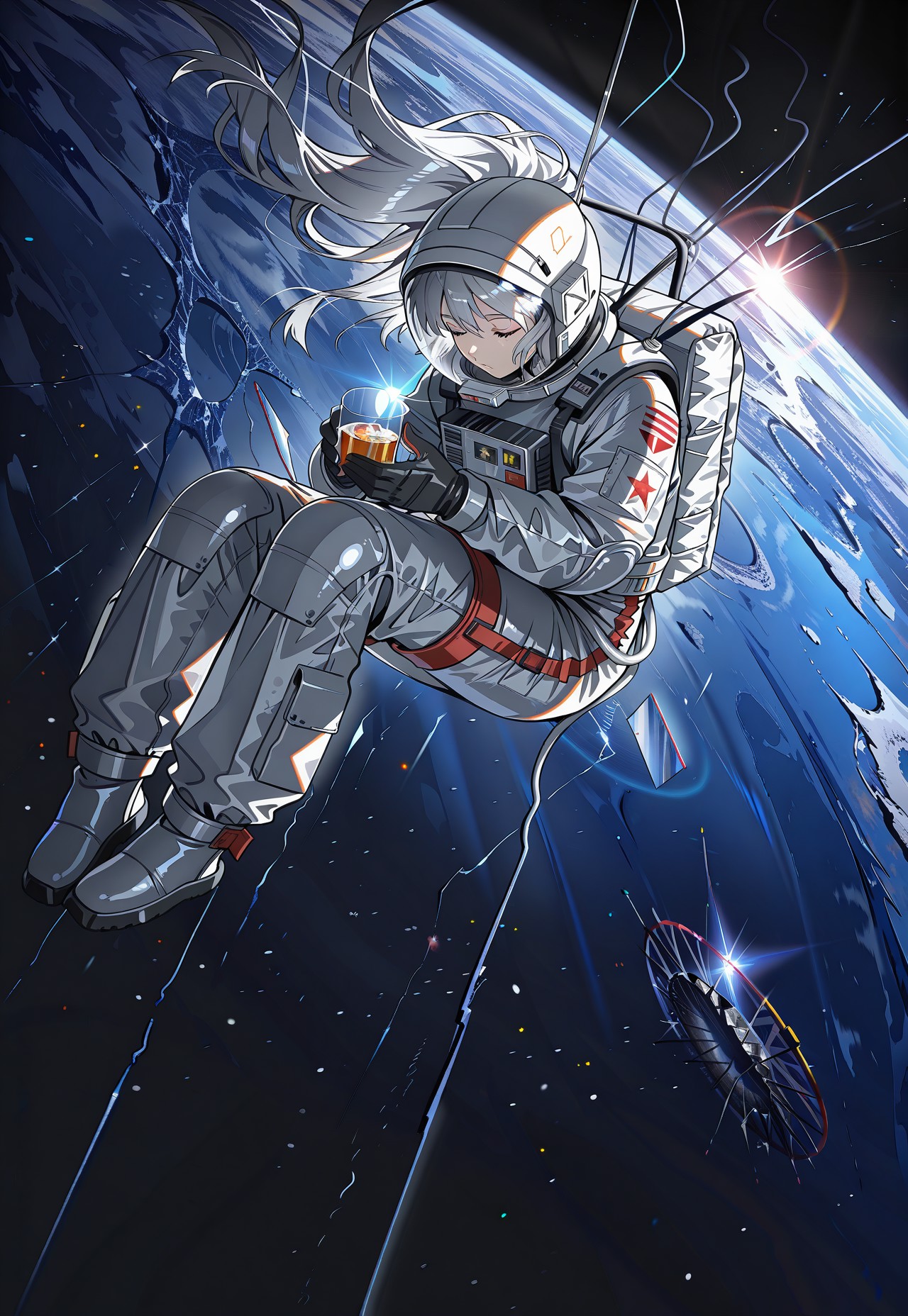 WALLPPR_ST, masterpiece, best quality, very aesthetic, high resolution, ultra-detailed, absurdres, newest, detailed eyes, beautiful, perfect lighting, hi res, amazing quality, very awa, painting_(artwork), dynamic angle, dynamic pose, WALLPPR_ST, spacesuit, floating hair, closed eyes, earth (planet), sitting, star (sky), space helmet, astronaut, 1girl, white hair, crack, full body, gloves, glass, open helmet