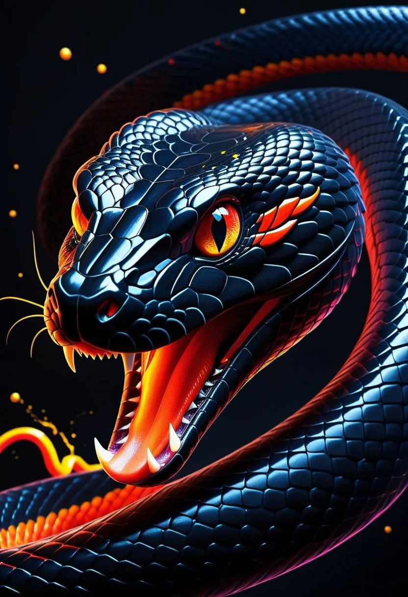 Render a stunning 3D depiction of a stunning black snake with vibrant, almost neon colors, radiating a dark fantasy ambiance. The snake, with its piercing eyes and fierce expressions, emanates extreme agitation for an unknown cause. It fiercely employs its sharp teeth to slash at the observer, as if fiercely guarding its domain. The backdrop showcases a black canvas adorned with striking splashes of red, orange, and yellow, symbolizing a fusion of intense hues. The overall theme is visually captivating and immensely engaging, seamlessly blending elements of illustration, painting, anime, and fashion to create a mesmerizing piece of art.
