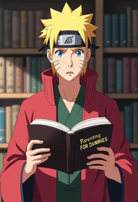 anime, masterpiece, 4k, Adult Naruto, in a library, anime accurate costume, hokage robes reading a book titled "parenting for dummies", masterpiece, 4k, looking at the book, looking distressed, confused