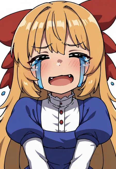 score_9, score_7_up, source_anime, masterpiece, best quality, detailed, perfect, perfection, aesthetic, absurd, detailed,
illustration showing crying Tipsy
1girl, yellow eyes, blonde hair, long hair, bangs, red hairbow, :3, fang,
white bodice, buttons, blue dress, white embroidery, frills, puffy sleeves,
aqua_crying_meme, face focus, three-quarter view, wavi mouth, close-up