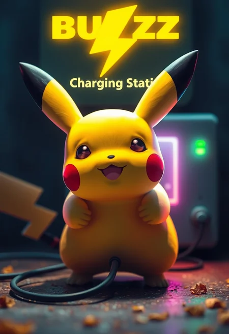 Pikachu is smiling at the viewer. A cable is coming out behind pikachu and is connected to a charging unit with a large yellow thunderbolt symbol and a text "BUZZ Charging Station"., realistic, atmospheric, vibrant