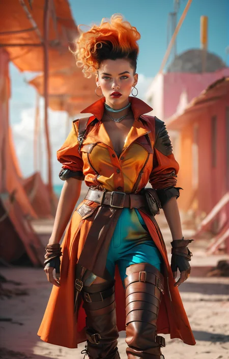(Runway fashion), Rockabilly aesthetic, a alluring Sint Maarten woman wearing a post-apocalyptic outfit, vivid colors, stunning background. warm and bright sunlight, a mesmerizing blend of light and shadow. masterpiece, absurdres, intricate details <lora:Runway_Fashion_XL:1.0>