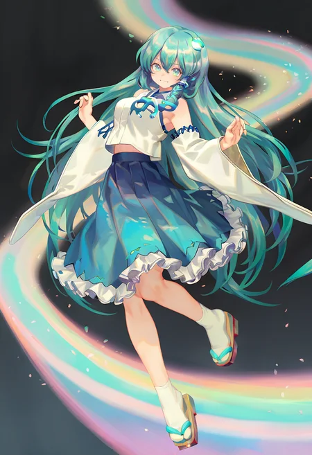 1girl, solo, long hair, skirt, detached sleeves, kochiya sanae, blue skirt, hair ornament, shirt, green hair, wide sleeves, smile, very long hair, looking at viewer, white shirt, white socks, frilled skirt, socks, full body, frog hair ornament, hair tubes, frills, blue eyes, snake hair ornament, bare shoulders, sandals, hair between eyes, breasts, tabi, japanese clothes, white sleeves, long sleeves, sleeveless shirt, nontraditional miko, green eyes, sleeveless, hands up, rainbow, geta, medium breasts, black background <lora:reiXL_NB11_lokr_V6311P:0.95>
