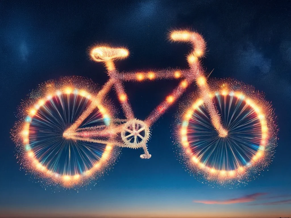 frwks in the sky<lora:frwks:0.75>, bicycle, long shot