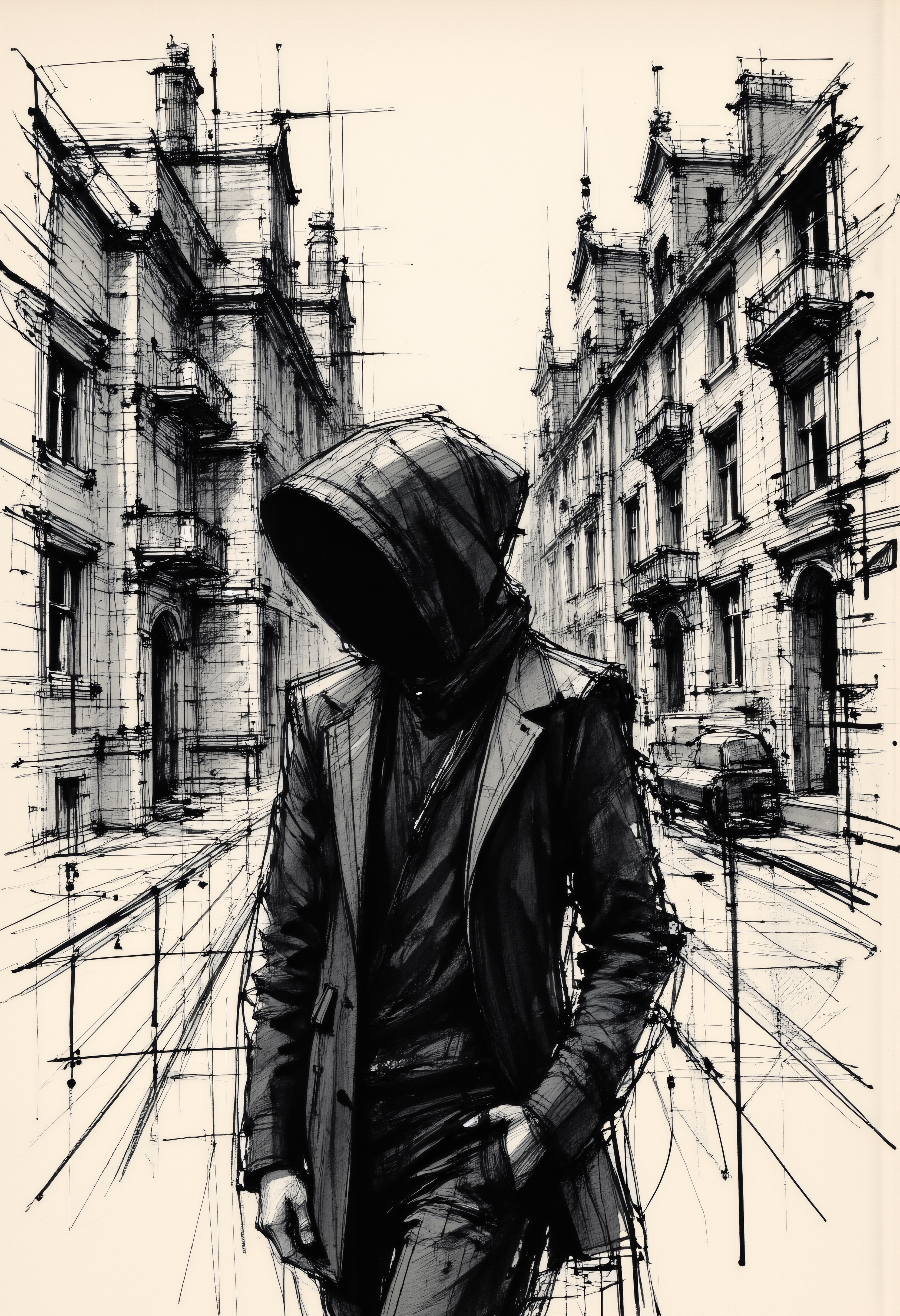minimalist style, black and white paint splatter technique, a faceless person with head covered by hood, extremely detailed architecturic background made of straight lines