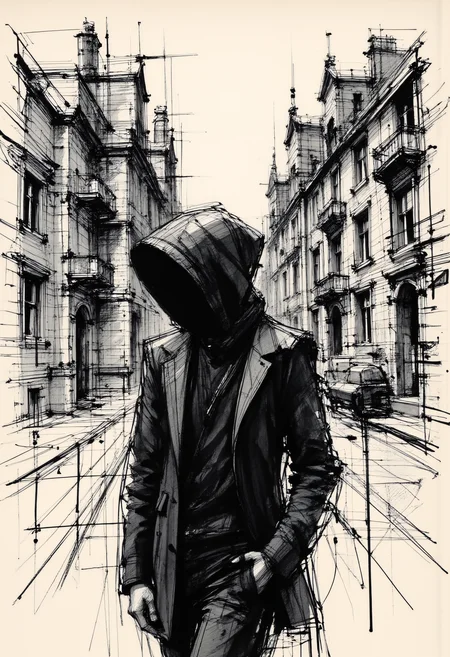 minimalist style, black and white paint splatter technique, a faceless person with head covered by hood, extremely detailed architecturic background made of straight lines