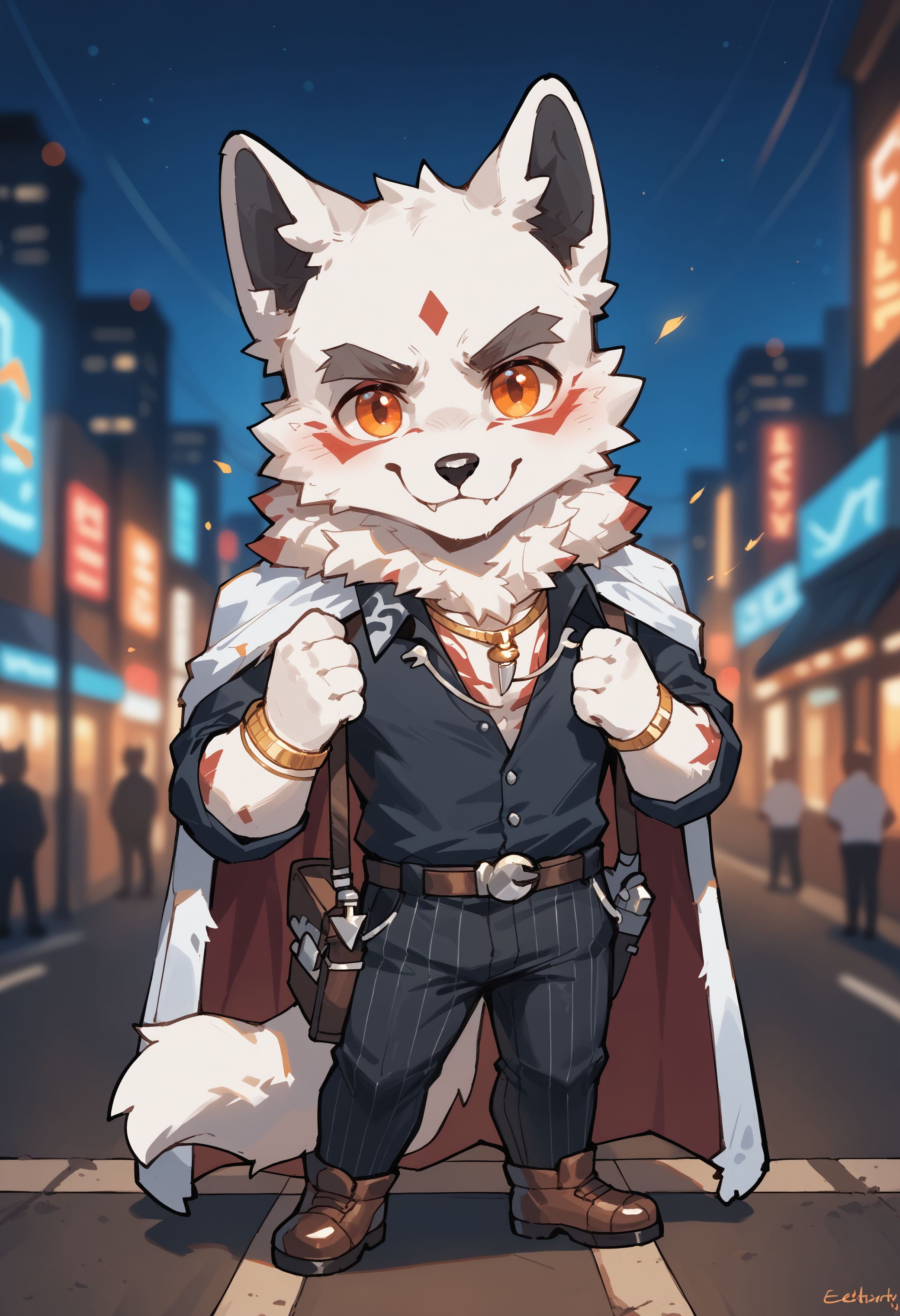 score_9, score_8_up, score_7_up, score_6_up, high res, best quality, f1etcher_k4ne, 1boy, male focus, solo, furry, furry male, orange eyes, white fur, jewelry, cute, chibi, night city, blurry background, neon glow, <lora:Fletcher_Kane_Fortnite:1>