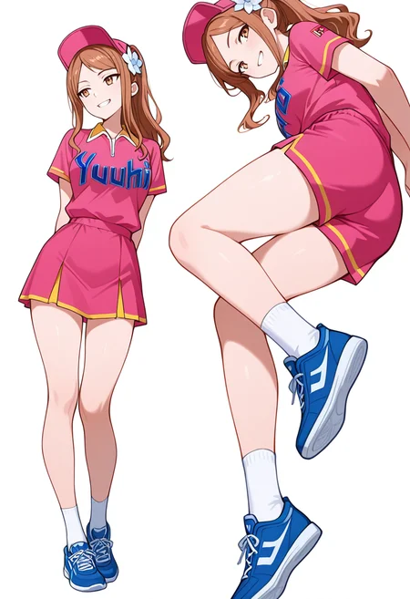 masterpiece,high quality details, absurdres,
<lora:Aona:0.8> aona_cnr, 1girl, brown hair, long hair, ponytail, brown eyes,
aona_s1,uniform_cnr, sportswear,pink shirt, short sleeves, shorts,skirt, socks,blue sneakers, hat, hair flower,, simple background, white background, dynamic angle,solo,, smirk,grin,, arms behind back,lying on side,standing pose,