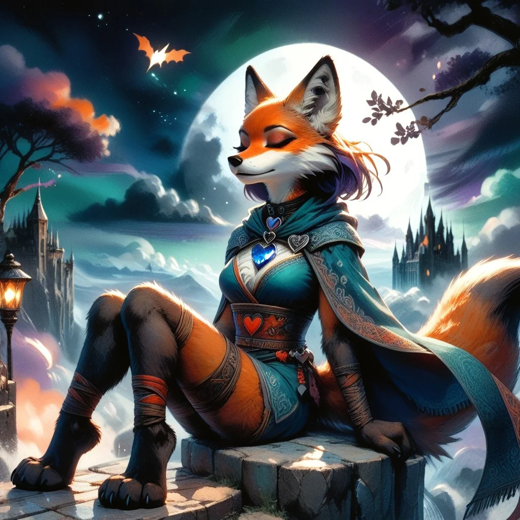 score_9, score_8_up, score_7_up, score_6_up, score_5_up, score_4_up, sfxm, csdb, castle background, stone bridge, bright moon, dark colorful cloudy skies, anthro, female furry, fox, fox tail, fox ears, body fur, fluffy, (paws:1.6), small claws, moon, trees, sitting, tunic, cape, scarf, heart-shaped pendant, leg wrap, bandages, eyes closed,