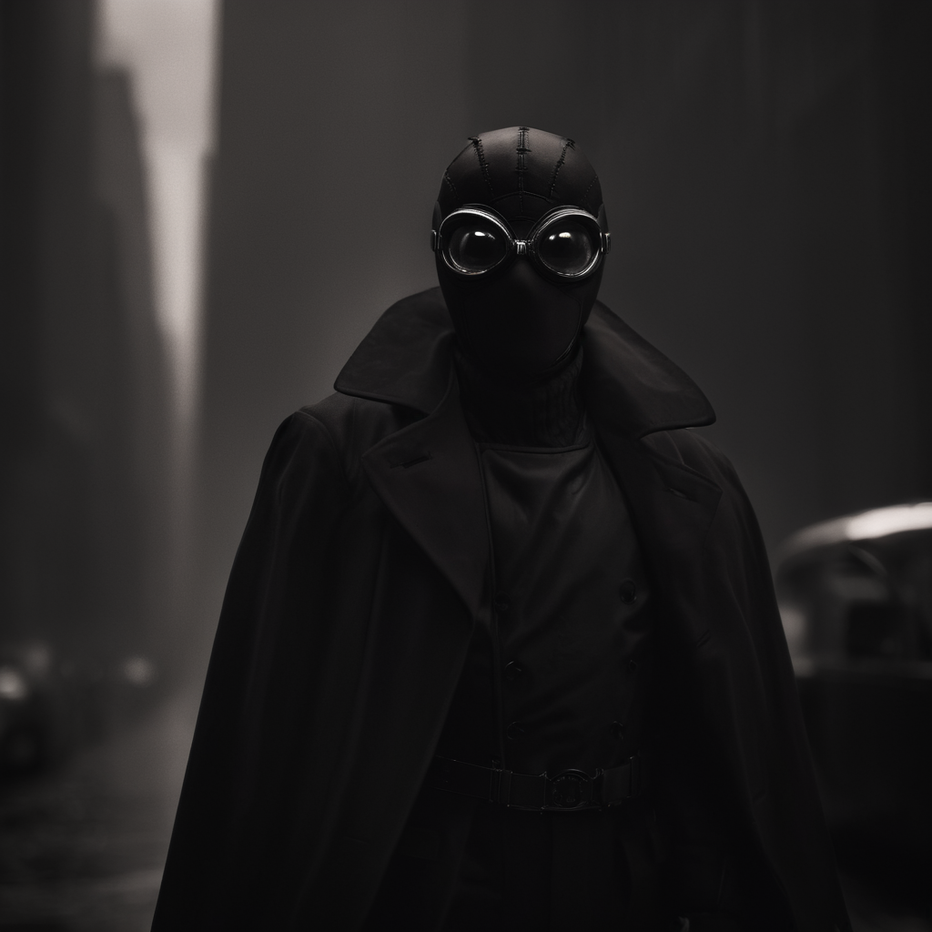 cinematic film still of  <lora:Spider-Man Noir:1>
Spider-Man Noir a man in a black suit with red eyes in Marvel Noir universe,solo,gloves,1boy,male focus,coat,mask,helmet,goggles,trench coat,gas mask , dark theme, cinematic noir, dramatic Light, big white goggles, shallow depth of field, vignette, highly detailed, high budget, bokeh, cinemascope, moody, epic, gorgeous, film grain, grainy