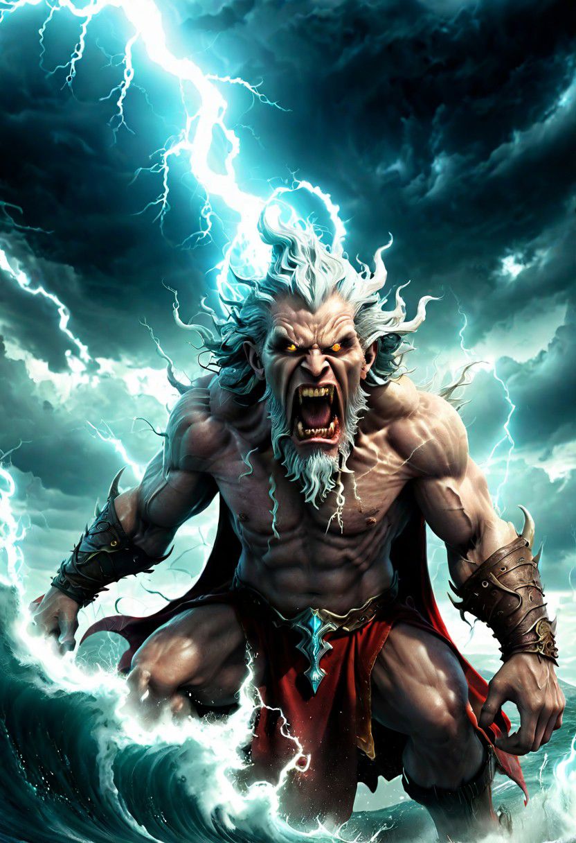 wizard, very detailed wizard, The beasts looks very angry and ready to cause chaos,  DEVIL SPAWN. (distance image), in battle with many other wizards, gods looking from clouds, lightening strikes, Rising out from from the ocean, waves ripping across the ocean,
