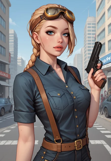 safe_pos, safe_pos, score_9, score_8_up, score_7_up, score_6_up, score_5_up, score_4_up, rating_explicit, 1girl, looking at viewer,
1 woman, braided ginger-blonde hair, hair patterned bandana, ((miner goggles over the air)), closed buttoned dark shirt, navel exposed, cargo pants, suspenders, beautiful face, blue eyes, long legs, survivor, back view
((full-clothed)), ((long big pistol in hands, handgun in hands:1.1))
dynamic pose <lora:Cherry-Gig:0.55>
BREAK
(city in zombie-apocalypse collapse background:1.8), (((((upper body))))), dynamic pose