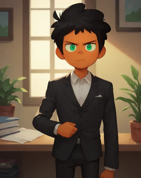 score_9, score_8_up, score_7_up, <lora:MaxCamp:0.8>, 1boy, solo, Max, black hair, green eyes, dark skin, black suit, indoors, office, frown, looking at viewer,