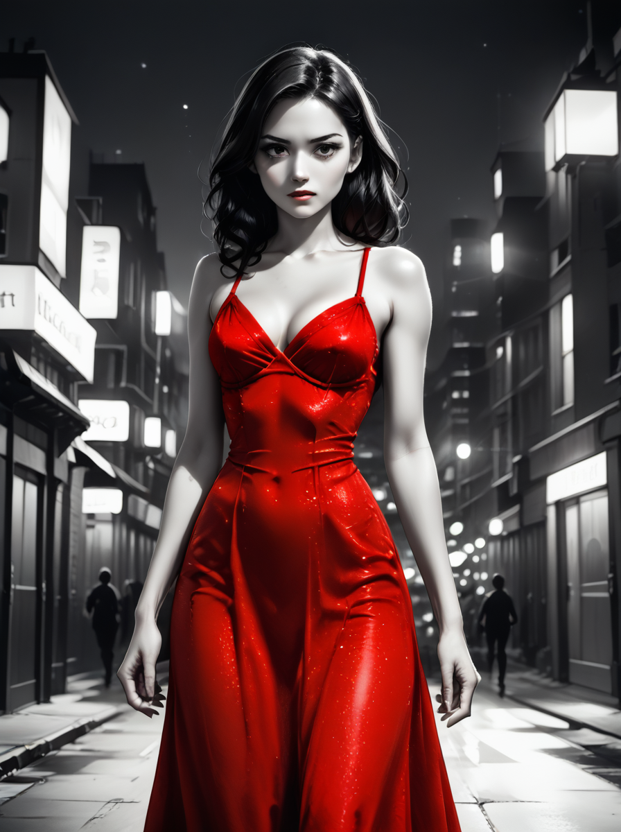 sincitystyle,
score_9, score_8_up, score_7_up,  BREAK source_anime, 1girl, clothed, red dress,night,under light,spotlight,,close up
,<lora:SinCityStylePony:0.8>,