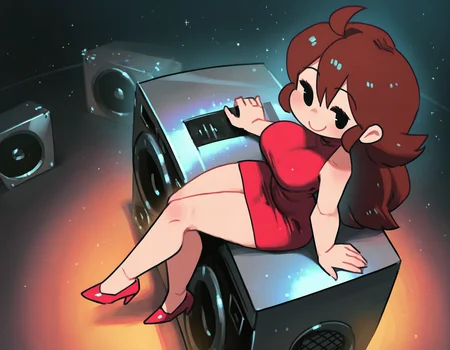 wamudraws, porforever, masterpiece, best quality, 1girl, curvy, mature female, from above, sitting on boombox, disco, smile, looking at viewer, <lora:Girlfriend_illusXL_Incrs_v1.1:1>, gf, ahoge, brown hair, long hair, black eyes, red dress, sleeveless dress, short dress, bare shoulders, red footwear, high heels