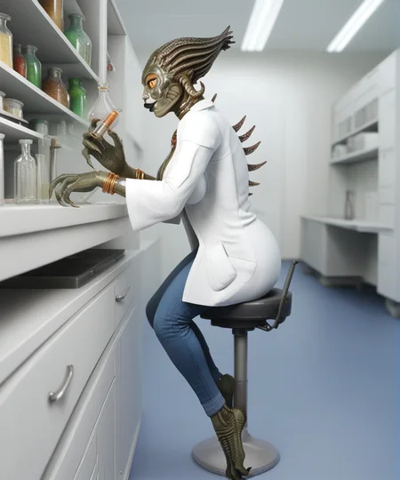 score_9, score_8_up, score_7_up, looking at viewer, smile, 1girl, solo, dark science laboratory, scifi, white lab coat, blue jeans, barefoot, full body, experimenting, looking at flask, side view, biology lab background, experiment, drawers, blue floor, hands fingers, black office chair, hands, bunsen burner, table, holding test tube, fire, flame
BREAK
1girl, solo, alien, monster girl, split yellow sclera, green segmented skin, black lipstick, green asari, facial markings, spines, tentacle ears, breasts, slit cat pupil, upper body, SFGoddess, large breast, jewelry, cleavage, necklace, earrings, wide sleeves, lips, makeup, bracelet, curvy body <lora:Fantasy_goddess:0.5> <lora:sil_alien:0.4> <lora:SilSpecies:0.7> , hands, <lora:detailed_hands:1> working in a laboratory, fingers, long nails