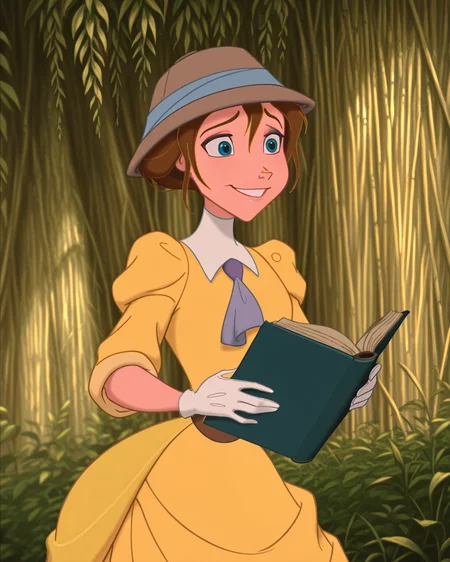 masterpiece, best quality, amazing quality, absurdres, DisneyRenstyle, TJane, DTarz, 1girl, hat, white gloves, brown hair, smile, parody, yellow dress, book, blue eyes<lora:Disney_Renaissance_IllustriousV1:1>