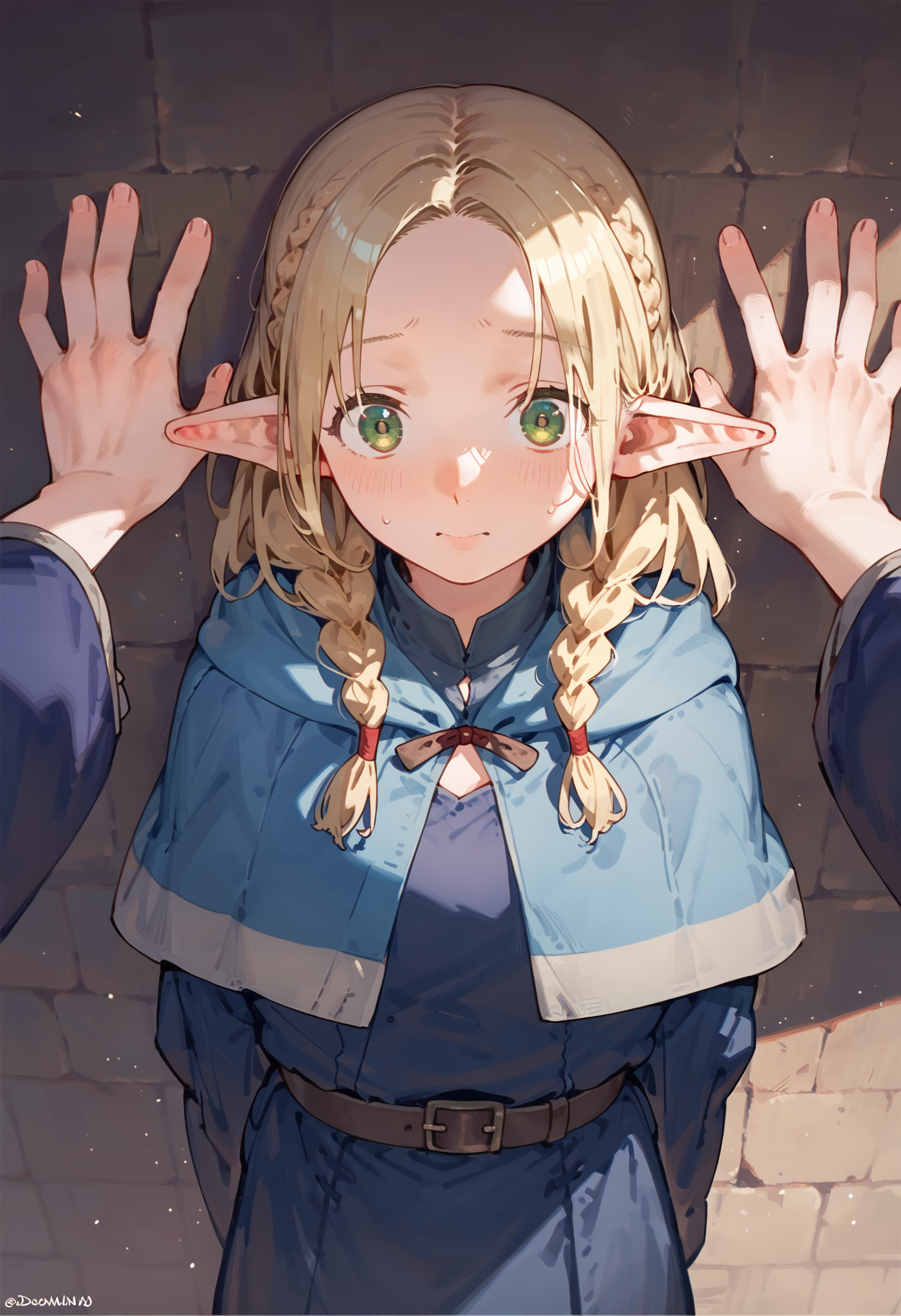 score_9, score_8_up, score_7_up, 2girls, kabedon pov, marcille, blue capelet blue robe belt, french braid twin braids, arms behind back, [:falin:0.3], wide sleeves, blue jacket, shirt, robe
<lora:falin_marcille_pony_d16:1>
<lora:kabedon_pony_2:1>