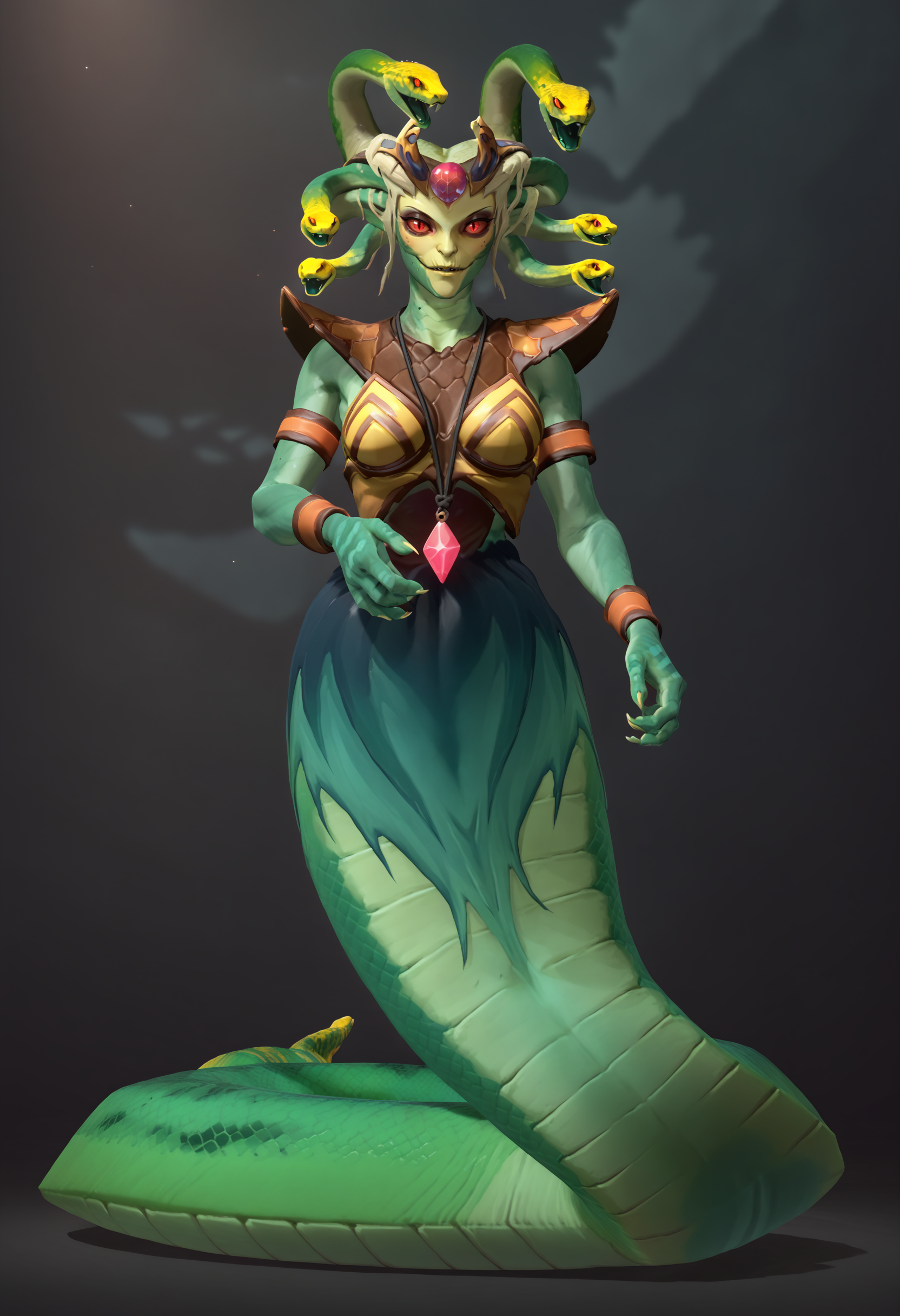 score_9, score_8_up, score_7_up, score_6_up, score_5_up, score_4_up, 1girl <lora:MedusaDota2:0.8> solo, breasts, green skin, colored skin, red eyes, colored sclera, glowing, snake, snake hair, scales, monster girl, lamia, smile, looking at viewer, full body,
forest background, trees, 3d, render,