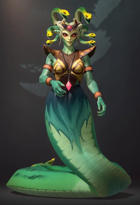 score_9, score_8_up, score_7_up, score_6_up, score_5_up, score_4_up, 1girl <lora:MedusaDota2:0.8> solo, breasts, green skin, colored skin, red eyes, colored sclera, glowing, snake, snake hair, scales, monster girl, lamia, smile, looking at viewer, full body,
forest background, trees, 3d, render,