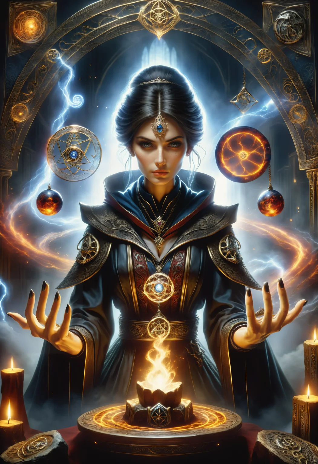 hyper detailed masterpiece, dynamic, awesome quality, a female occultist casting tempestuous order DonMM4g1cXL magic,  <lora:DonMM4g1cXL_v1.2:1>, Perfect Hands,  <lora:Perfect Hands:1>