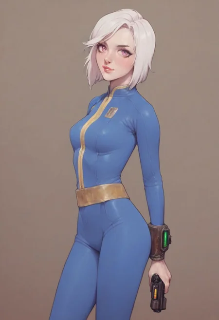 score_9, score_8_up, score_7_up,core_9, score_8_up, score_7_up, score_6_up, score_5_up, score_4_up fallout,vault uniform,1girl,solo,looking at viewer,pink eyes,white hair,lips,bodysuit,science fiction,holding gun, yellow utility belt, Leather armor,<lora:fallout_xl:0.8> <lora:add-detail-xl:0.6> [small:0.9] breasts,white skin, looking at viewer, lithe, BREAK, fallout, vault uniform, wasteland, pink eyes, 33, bldrnrblstr, holding a gun, wearing a Vault Suit, with Leather Armor, and a PipBoy on her wrist