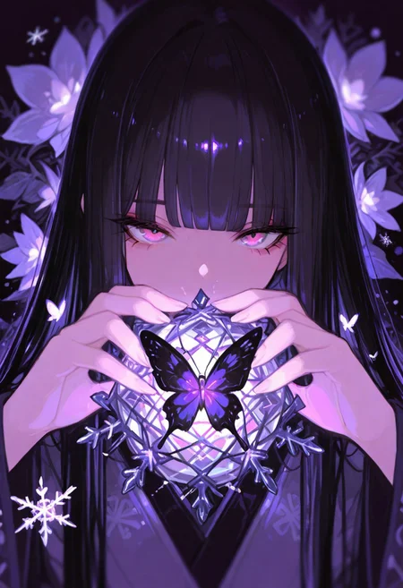 <lora:r17329_illu-000017:1>,r17329_illu, masterpiece, newest,absurdres,incredibly absurdres,1girl, solo, bug, butterfly, bangs, black hair, looking at viewer, long hair, blunt bangs, covered mouth, purple eyes, purple theme, eyelashes, flower, pink eyes, snowflakes,
dark_theme,abstract background,
depth of field,white sphere on the background