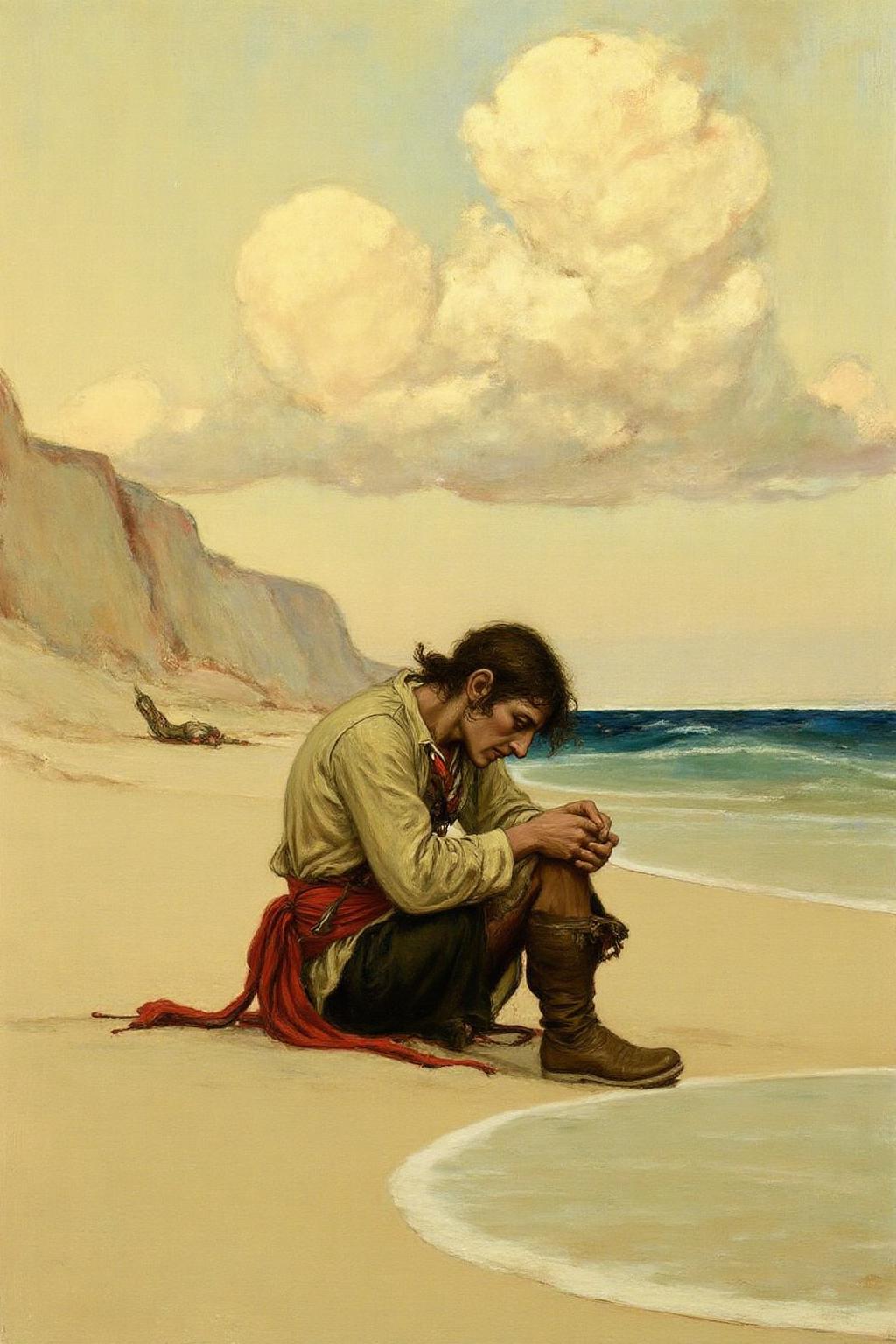 hopy1 illustration.
Sde profile of a lone pirate stranded on a deserted beach, evoking a sense of isolation and despair. The pirate, dressed in tattered clothing and a red sash, sits slumped on the sand with his hands tied around his knees, staring at the ground. The sky above is a mix of warm and cool tones, with soft clouds drifting across the horizon. The setting is desolate, with no signs of civilization—only sand, sea, and sky stretching infinitely. The painting style is rich in detail, with strong brushstrokes and a moody, narrative-driven composition, reminiscent of classic Golden Age illustrations. <lora:hopy1_cap_d6a3e12:1.0><lora:826171950767316048:0>