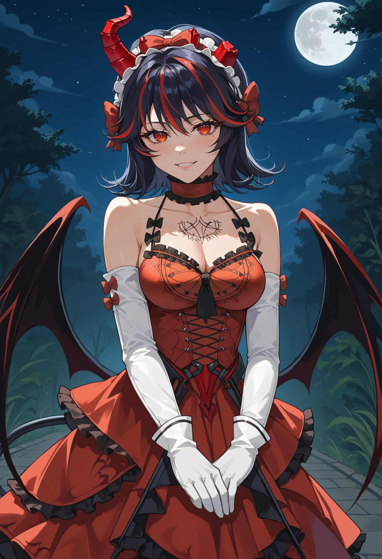 score_9, score_8_up, source_anime, 1girl, solo, LuciaVermillion, medium hair, streaked hair, red horn, single horn, frilled hairband, frilled choker, chest tattoo, spaghetti strap, sleeveless dress, red dress, frilled dress, cross-laced, white elbow gloves, white thighhighs, demon wings, low wings, demon tail, outdoors, night, moon, dark, smirk, <lora:ChamLuciaPlumePonyXL:1>