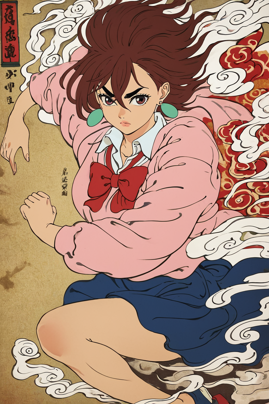 score_9, score_8_up, score_7_up, score_6_up, score_5_up, score_4_up,  <lora:Momo_Ayase_Dandadan_V1:0.8> KJOmomo, brown hair, dark eyes, medium hair, hair between eyes, thick eyebrows, earrings,white collared shirt, oversized pink pullover, long sleeves, red bow, blue short skirt, untucked shirt, <lora:traditional_Japanese_art:1>,  traditional japanese art, 1girl, fighting stance, solo, alone,  masterpiece, highres