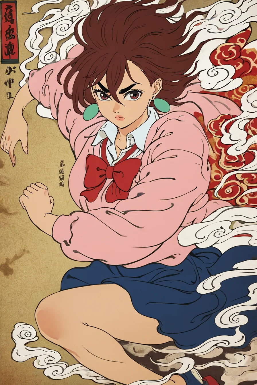 score_9, score_8_up, score_7_up, score_6_up, score_5_up, score_4_up, <lora:Momo_Ayase_Dandadan_V1:0.8> KJOmomo, brown hair, dark eyes, medium hair, hair between eyes, thick eyebrows, earrings,white collared shirt, oversized pink pullover, long sleeves, red bow, blue short skirt, untucked shirt, <lora:traditional_Japanese_art:1>, traditional japanese art, 1girl, fighting stance, solo, alone, masterpiece, highres