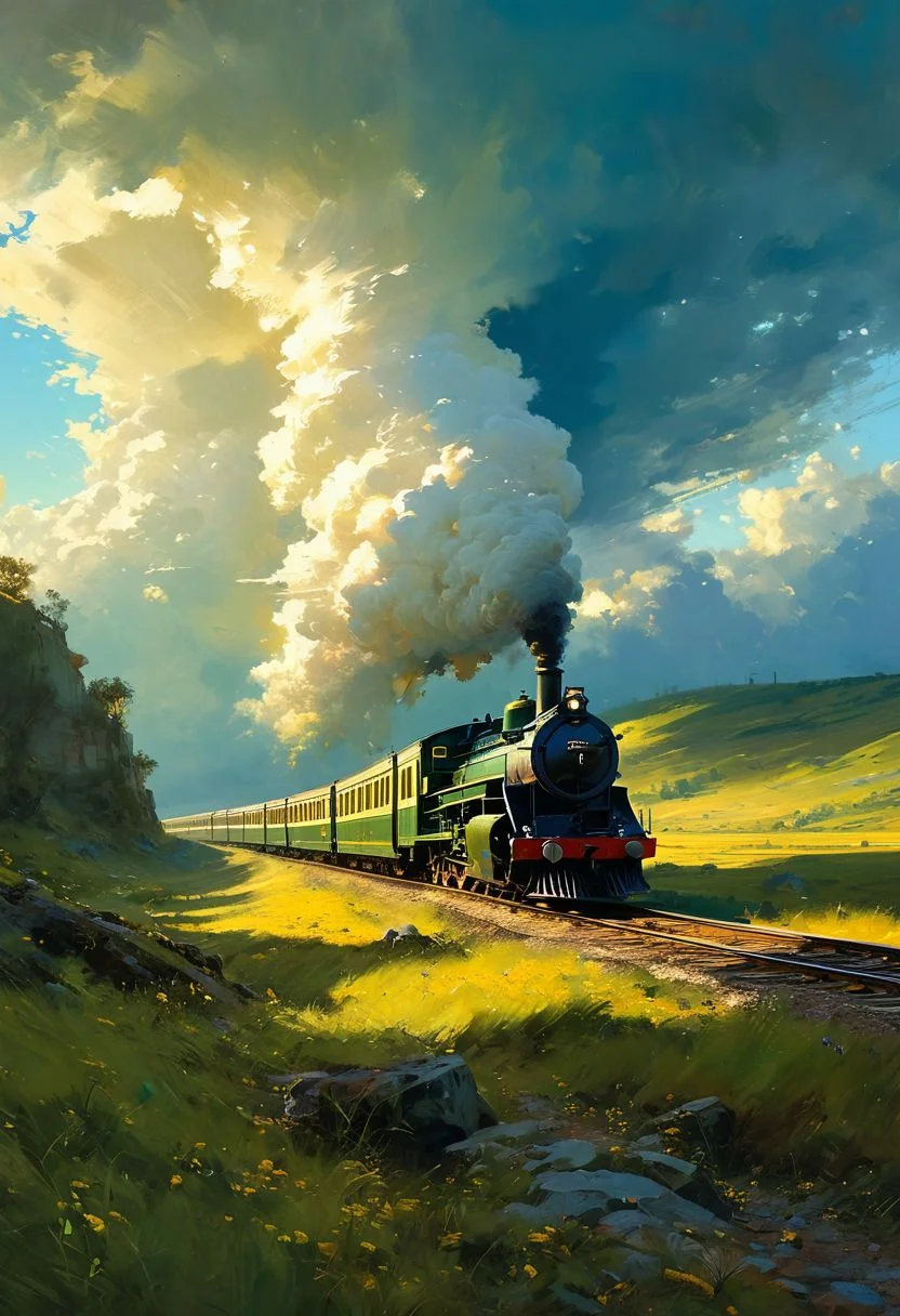 ((masterpiece, best quality, high quality, highres, ultra-detailed)), ,a moving train <lora:soldart:0.6> <lora:AngelicAI:0.1> <lora:add_detail:1>,, against the background of the a moving train, blue sky, sunny day, epic clouds, (oil painting:0.1), (best quality, 8K, high resolution, extreme detail, outstanding composition:1.4), art by Jeremy Mann, god rays, dramatic light, (oxygen-rich air and sheltered atmosphere, , aesthetic of hard - edge painting:0.1),