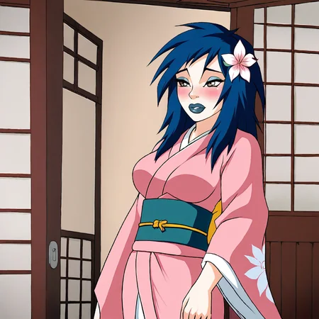 <lora:Kylie_pony_v1:.8> KylieGreyShirt, 1girl,  makeup, lipstick, blue hair, large breasts, black lips, long hair, cowboy shot,, japanese clothes, kimono, hair ornament, blush, hair flower, pink kimono, sash, obi, floral print, wide sleeves