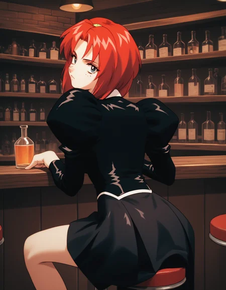 score_9, score_8_up, score_7_up
<lora:maypia-alexymetalia-ponyxl-000050:1> m4yp1a, red hair, black uniform, black shirt, black skirt, juliet sleeves,
1girl, solo, looking back, looking at viewer, bar stool, bar, dimly lit