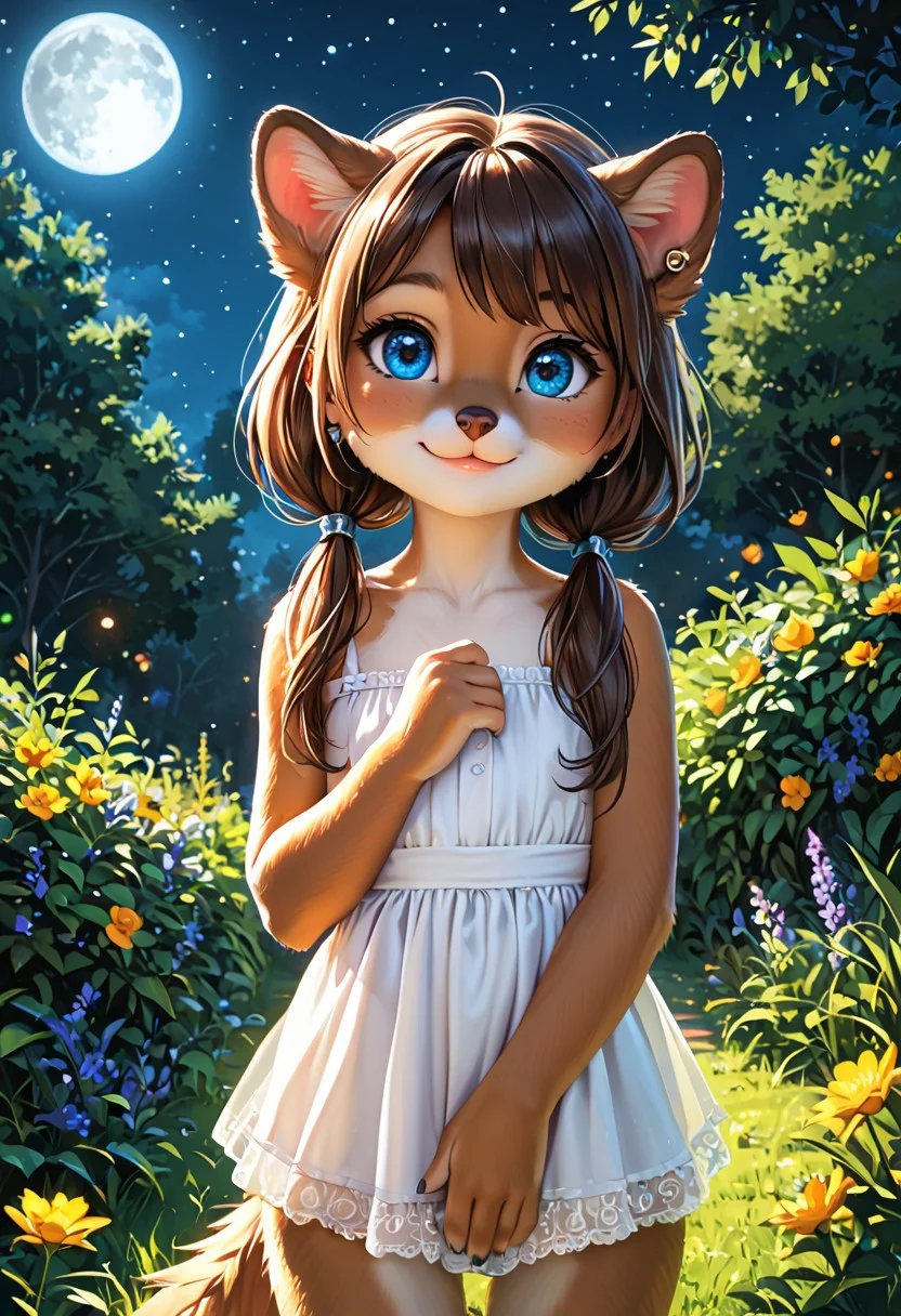 (masterpiece:1.5), 8k, best quality, ultra-detailed, (high res), cinematic lighting, beautiful lighting, high quality, studio quality, detailed, insanely detailed, extreme detail, refined detail, perfect detail, max detail, smooth lighting, detailed background, hyper detailed body, beautiful lighting, vibrant lighting, global illumination, absurdres, high-res, dynamic lighting, score_9, score_8_up, score_7_up, ponypositive, 50 girl, looking at viewer, (narrow waist, skinny, small body, slim), (outdoors, floral garden), bright lighting, daylight, sunshine, cute, kawaii, (closed mouth), happy, ((standing)), alone, gleaming eyes, large eyes, ((cowboy shot)), (hands at the sides), (rating_safe, sfw), source anime, <lora:xl_more_art-full_v1:0.8> , PonyXLV6_Scores, unity 8k wallpaper, perfect anatomy, <lora:PerfectEyesXL:1> , perfect eyes, <lora:hand 5.5:1> , perfect hands, detailed hands, winnie, furry female, brown fur, blue eyes, low twintails, earrings, chibi, night, starry skies, moonlight, large Moon,