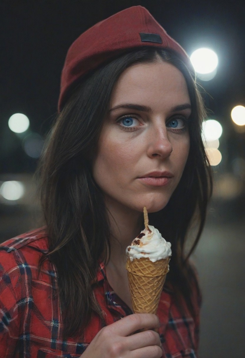 A 30yo woman eating a cone icecream.  blue eyes. perfecteyes
Wearing Jeans and Plaid red shirt with a hat/cap red. 
Long dark black slick back hair. No makeup.
Night time, Street light. 
Looking at camera POV. 
Medium Close Up shot.
Bokeh. Bokeh light.  
Blurred background.