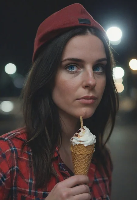 A 30yo woman eating a cone icecream.  blue eyes. perfecteyes
Wearing Jeans and Plaid red shirt with a hat/cap red. 
Long dark black slick back hair. No makeup.
Night time, Street light. 
Looking at camera POV. 
Medium Close Up shot.
Bokeh. Bokeh light.  
Blurred background.